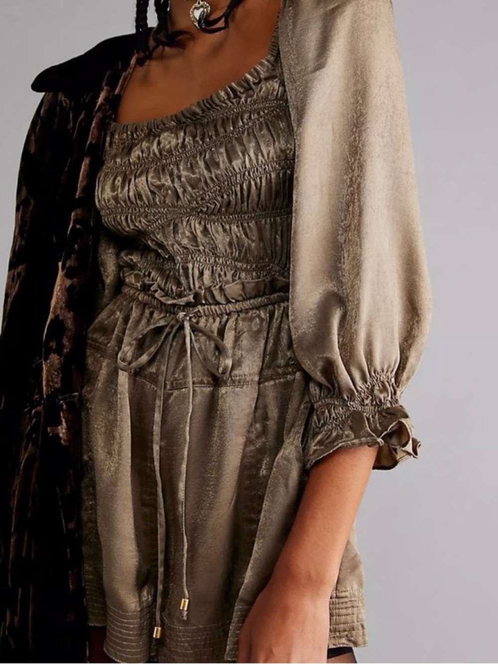 Free People Satin Smocked Olive-Brown Romper Medium